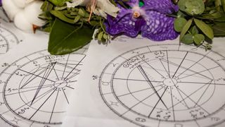 Pisces season 2023: Printed astrology charts with flowers in the background, spring.