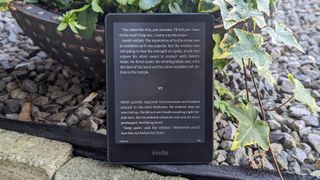 Amazon Kindle Paperwhite 2021 i grusen lent mot en plante