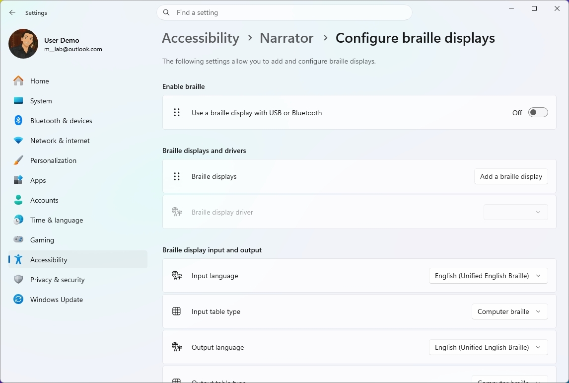 Windows settings window for configuring Braille displays under Accessibility.