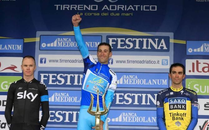 Vincenzo Nibali (Astana) mounts the podium in San Benedetto del Tronto.