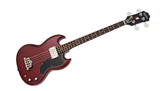 A cherry red Epiphone SG EB-0 short scale bass guitar on a white background
