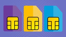Purple, Orange, and blue SIM cards on lavender background