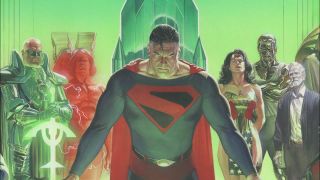 A screenshot of a comic book cover showing Superman and other DC superheroes in the Kingdom Com comic miniseries