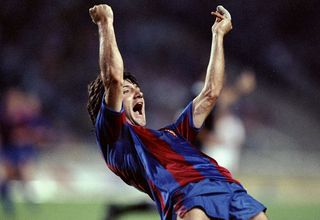 Jose Maria Bakero of Barcelona celebrates during a match against Spartak Moscow at the Camp Nou Stadium in Barcelona, Spain. Barcelona won the match 1-0.