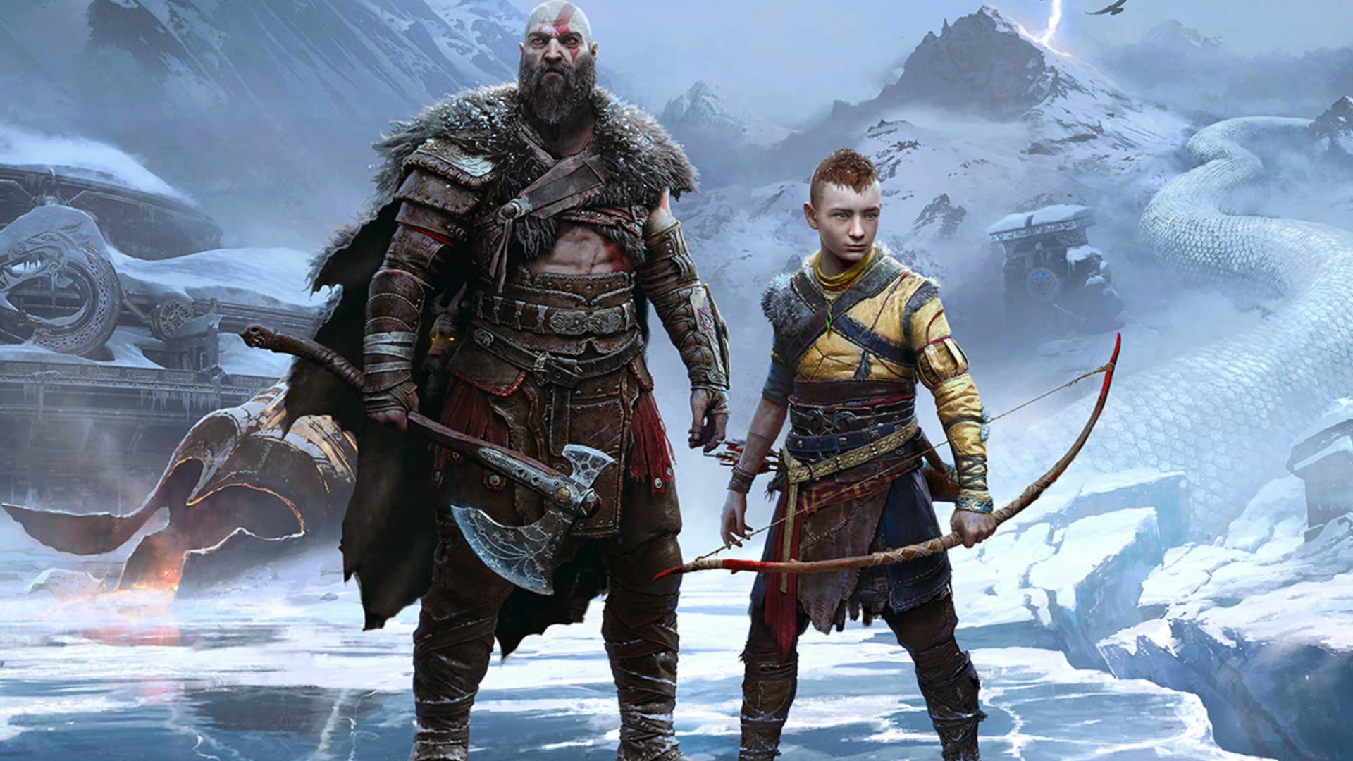 best PS5 games: God of War's Kratos and Atreus in front of an icy landscape
