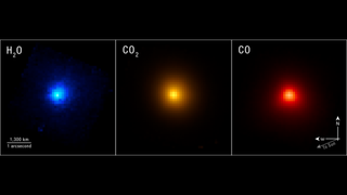 Three boxes contain a glowing center that in the left box is blue, the middle box is yellow, and the right box is red. 