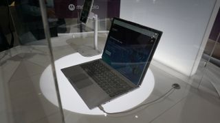 The Lenovo 'rollable technology' concept laptop inside a glass case.