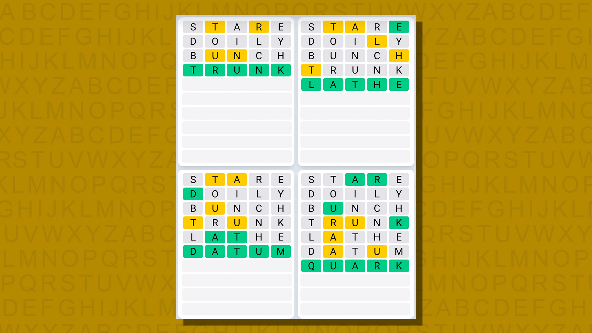 Daily sequence of quadruple answers for game 729 on yellow background