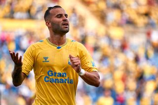 Jese Rodriguez celebrates a goal for Las Palmas against Cartagena in October 2021.