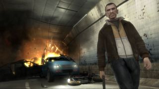 GTA 4 Niko walks away from cars exploding