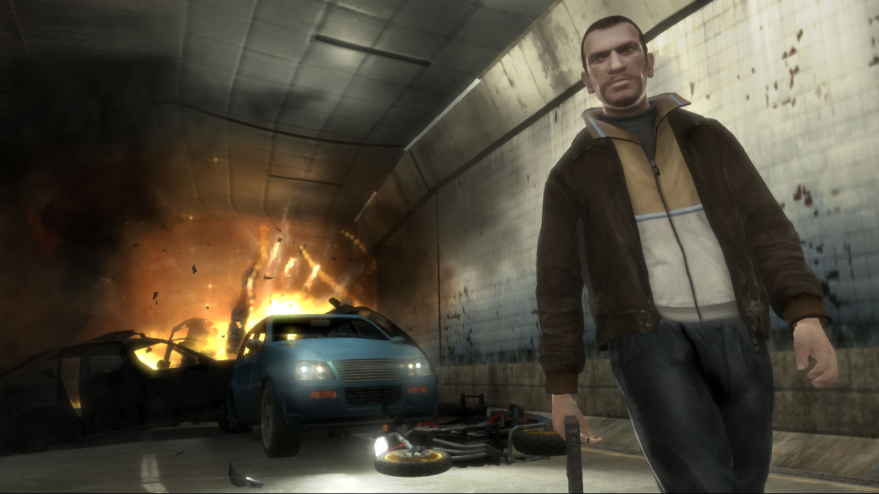 GTA 4 Niko walks away from the exploding car