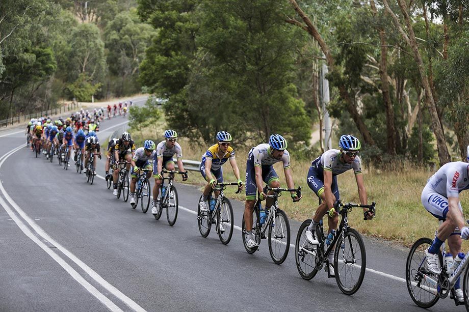 The peloton stretch out on typical roads of the area