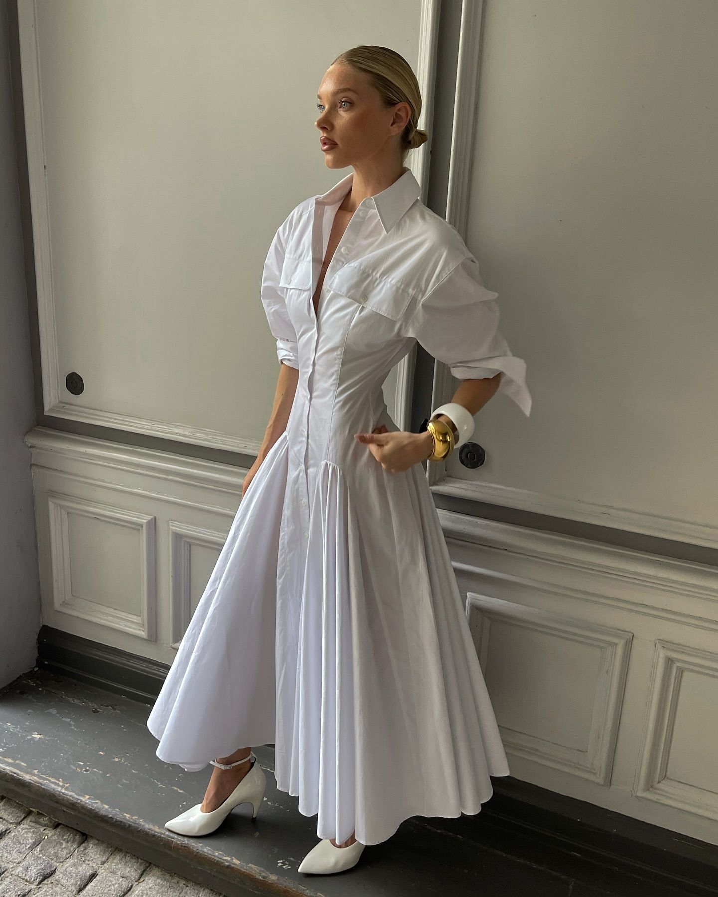 Elsa Hosk wearing a white shirt dress