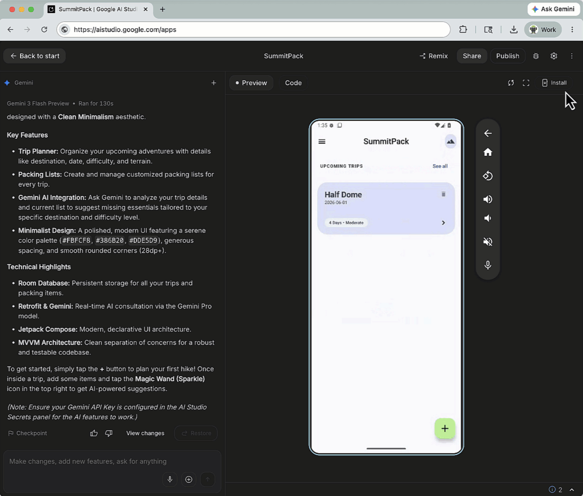 Live app preview inside Google AI Studio.