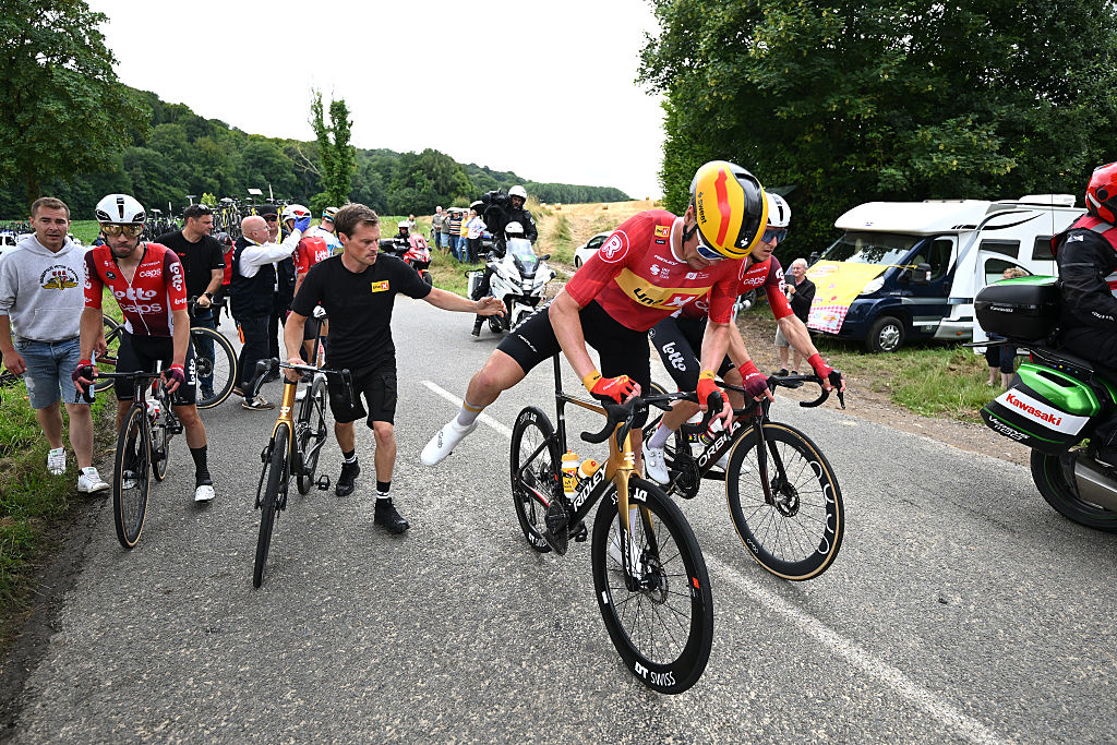 BOULOGNE-SUR-MER - JULY 06: Soren Waerenskjold of Norway and Team Uno-X Mobility after being involved in a crash during the 112th Tour de France 2025, Stage 2 a 209.1km stage from Lauwin-Planque to Boulogne-sur-Mer / #UCIWT / on July 06, 2025 in Boulogne-sur-Mer, France. (Photo by Tim de Waele/Getty Images)