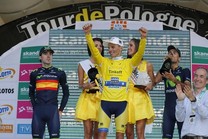 Rafal Majka (Tinkoff - Saxo) gives the crowds a victory salute after winning the Tour of Poland