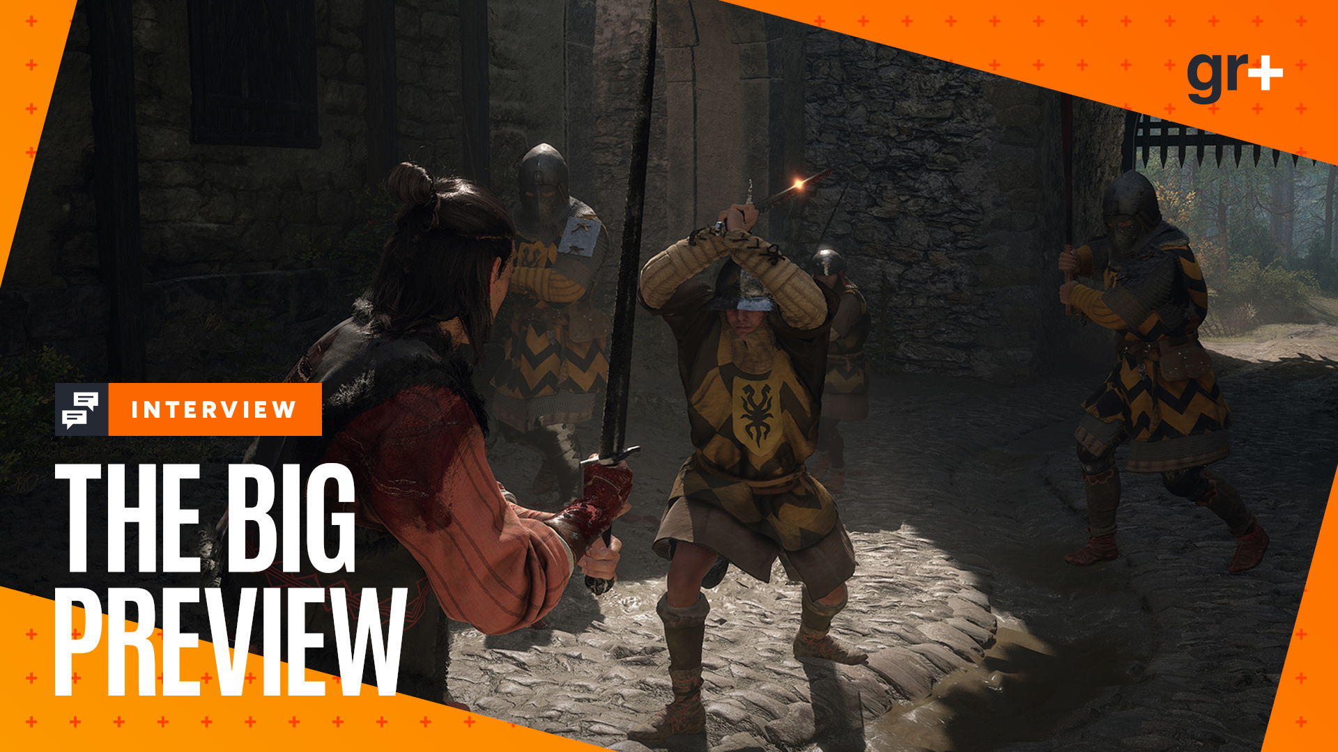 Coen holds up his sword to fight guards in a cobbled town in The Blood of Dawnwalker, with the GamesRadar+ Big Preview orange frame