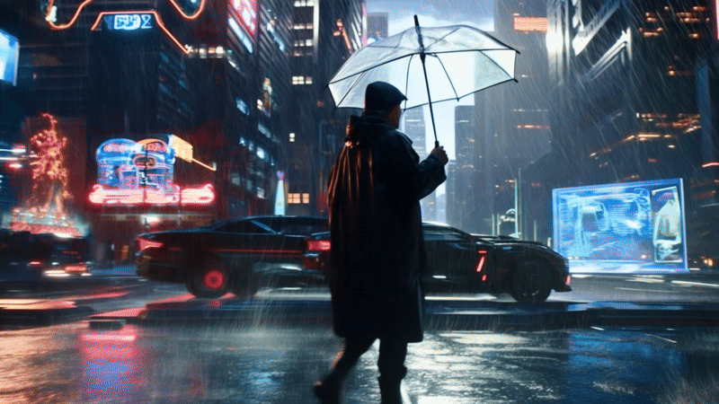 A man walking in the rain carrying an umbrella
