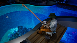 An image of a scientist fishing in videogame Abiotic Factor