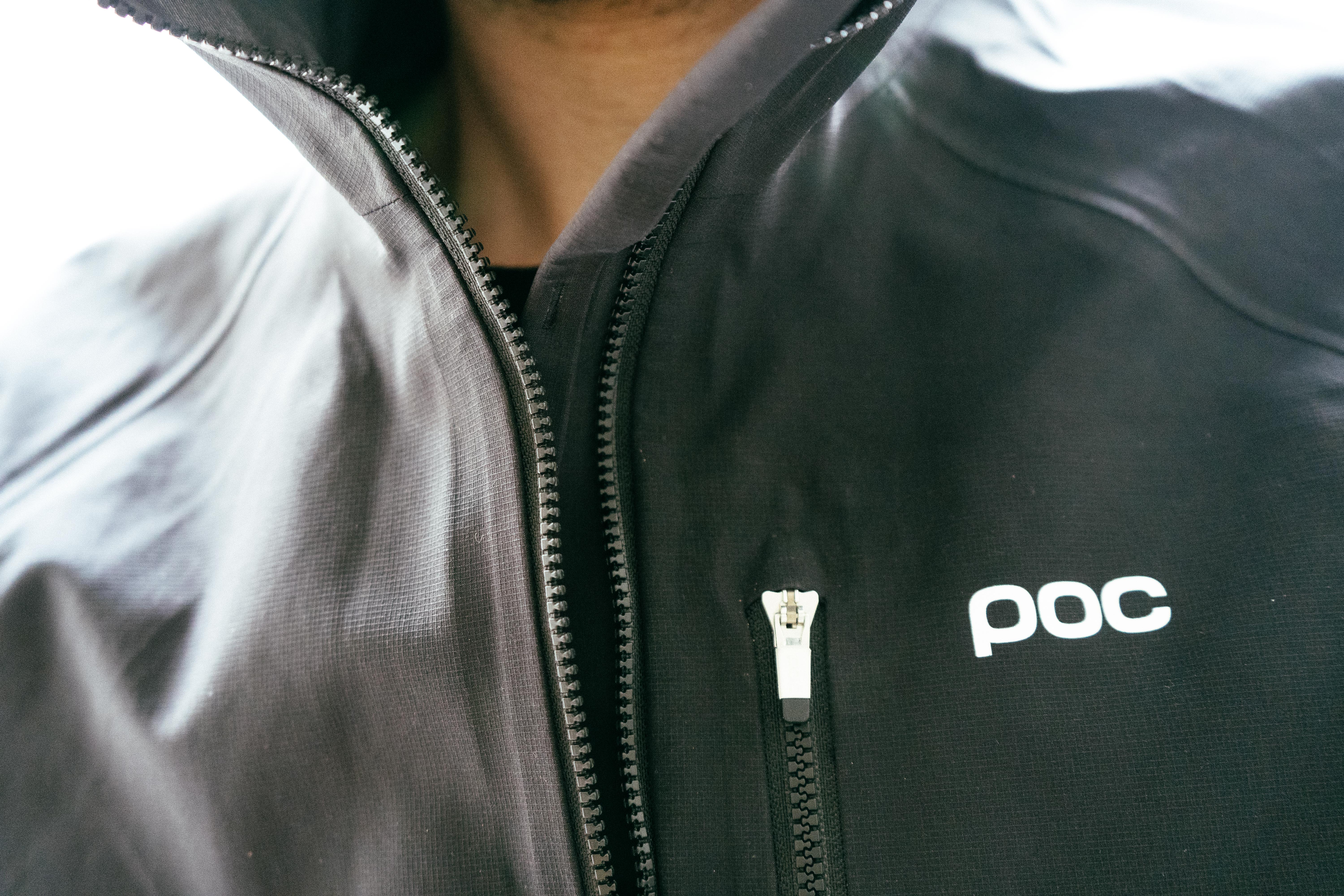 The face area of a black waterproof jacket