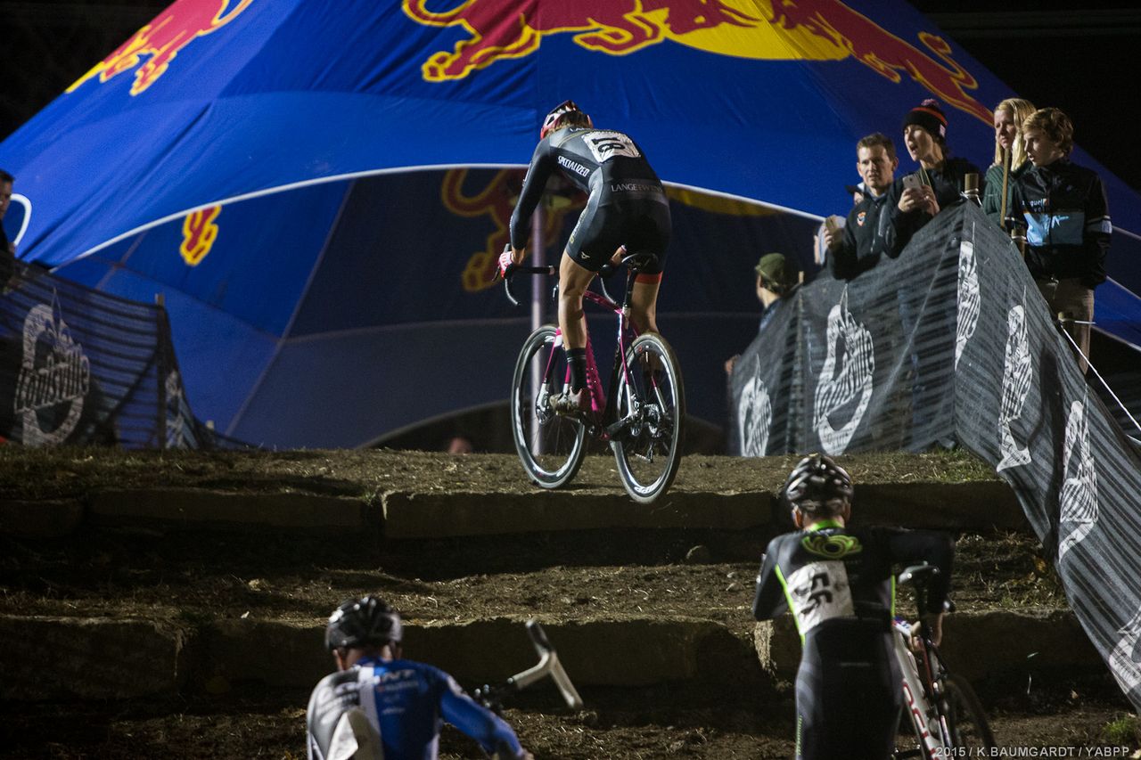 Cody Kaiser was one of the few racers to successfully ride the huge limestone steps at Eva Bandman Park