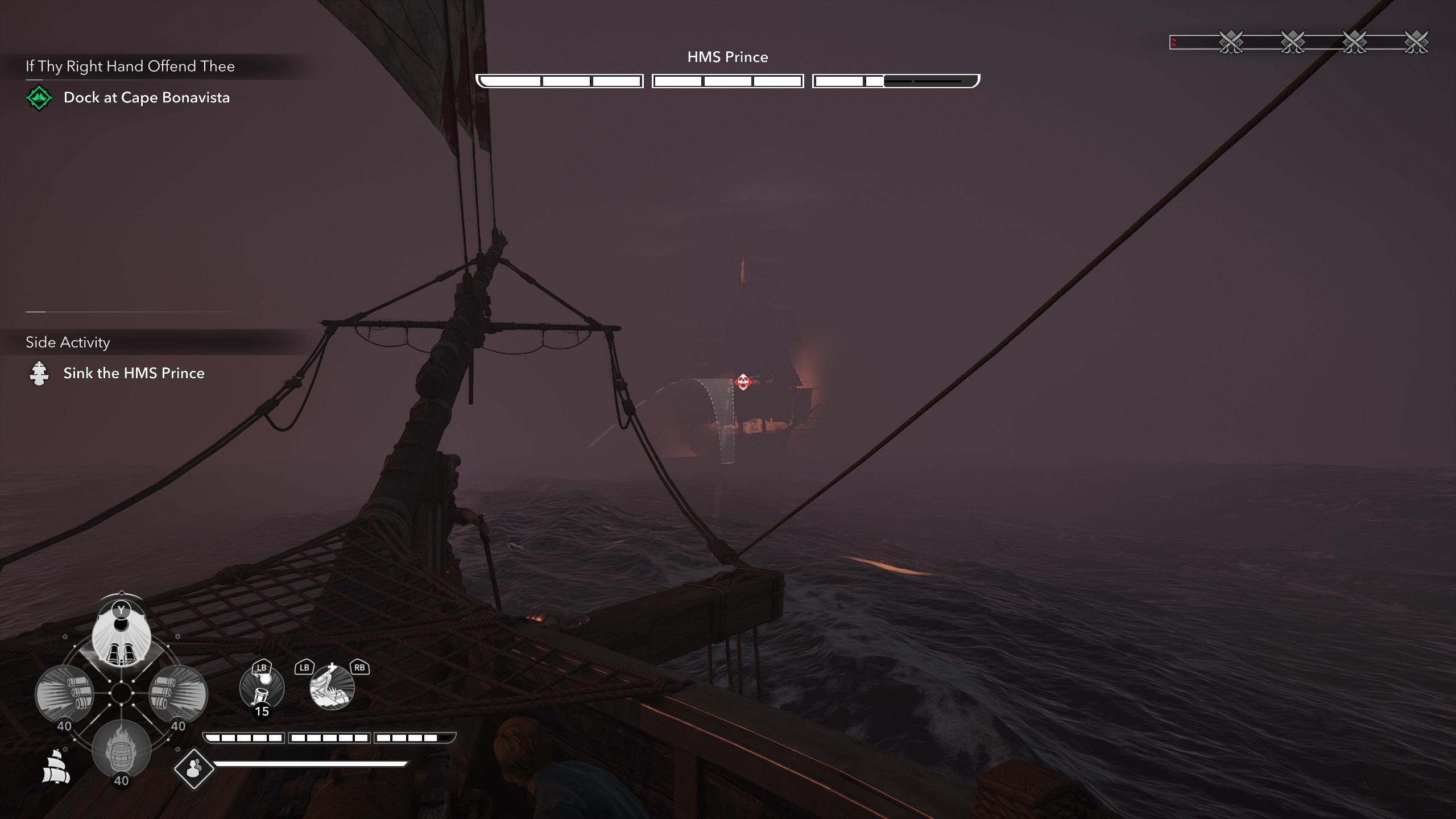 Gameplay of naval combat against HMS Prince, hiding in the fog.