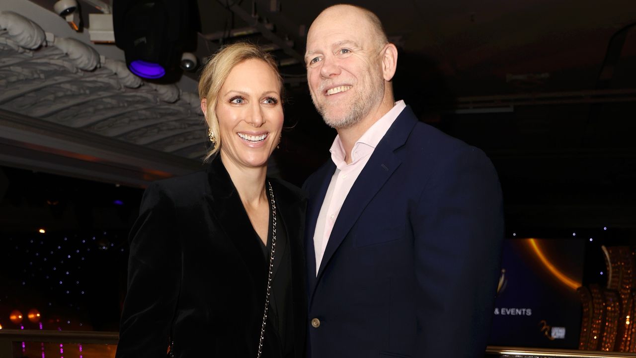 Zara Tindall, wearing a black velvet blazer, and Mike Tindall attend the Legends of Rugby Dinner 2025 in aid of Nordoff Robbins at JW Marriott Grosvenor House on February 12, 2025