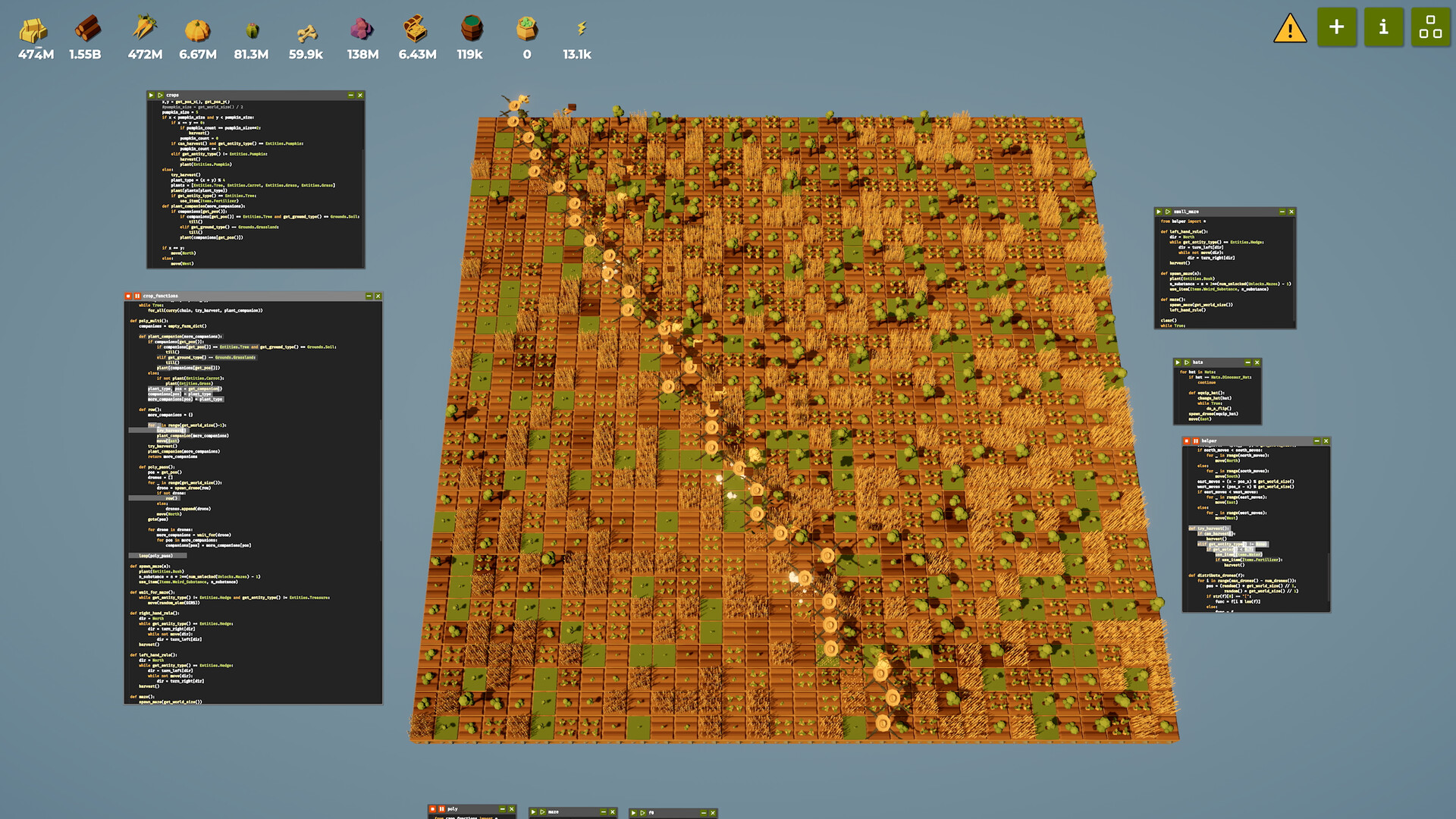 Screenshot from The Farmer was Replaced indie game showing a farm and code