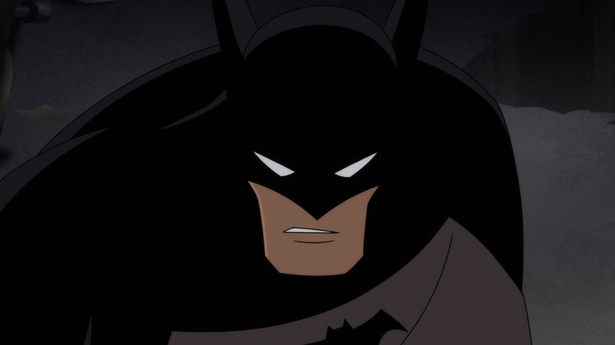 Close-up of Batman&#039;s face in Batman: Caped Crusader