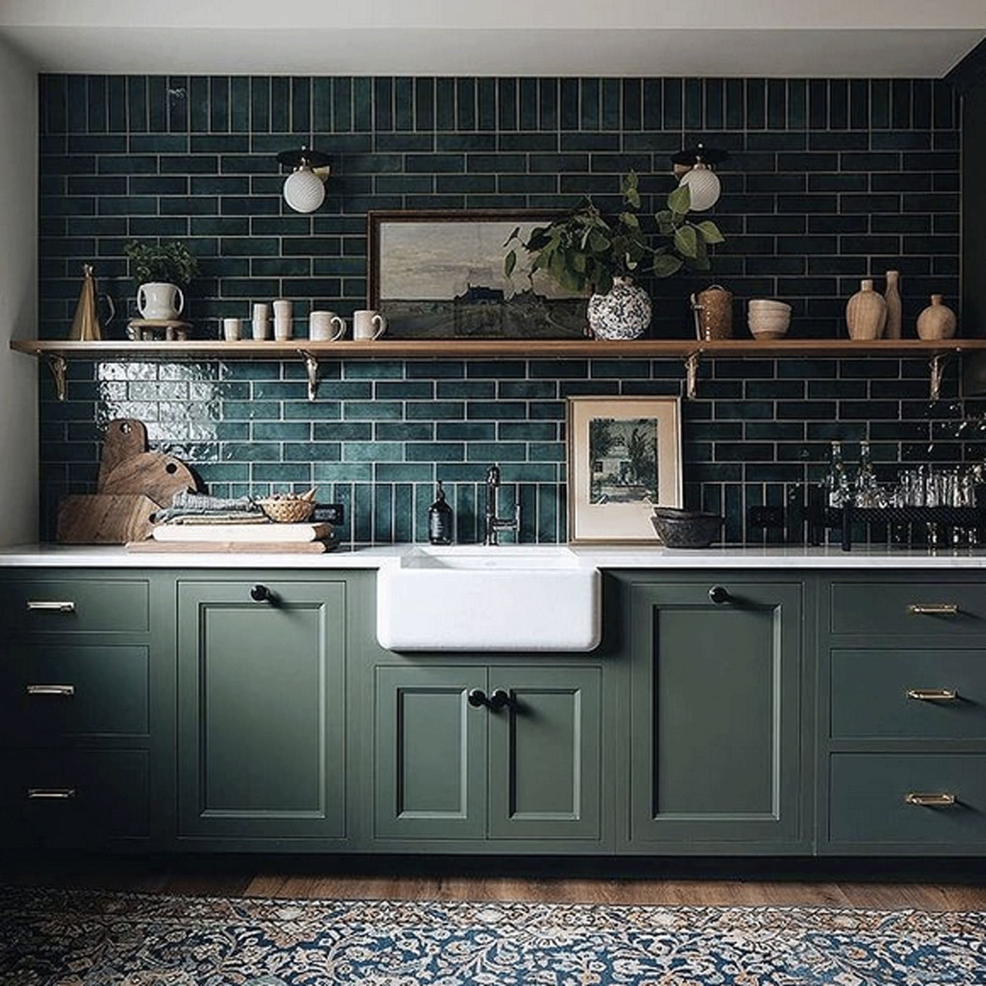 Green kitchen with green splashback and patterned rug