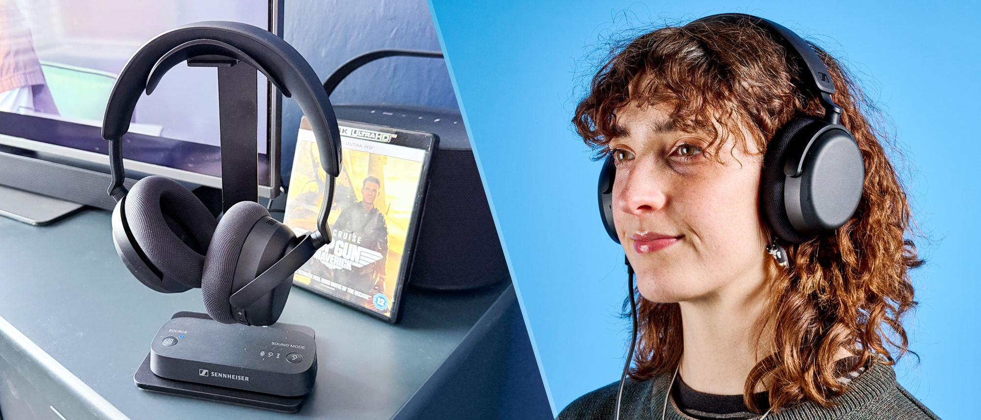A split image with the Sennheiser RS 275 on the left and a person wearing them on the right