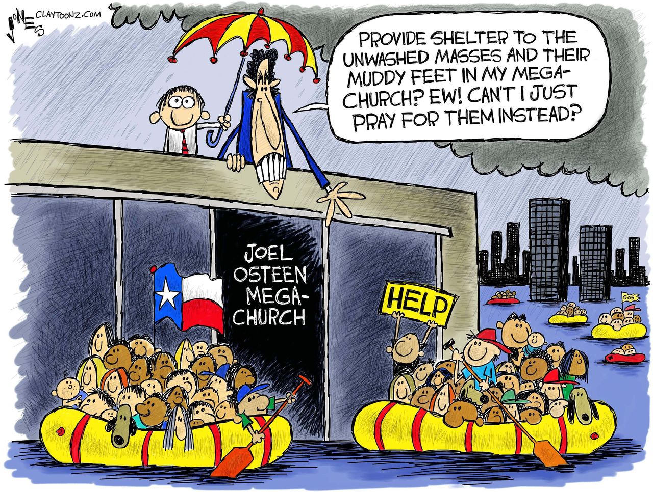 Political cartoon U.S. Joel Osteen Harvey rescue