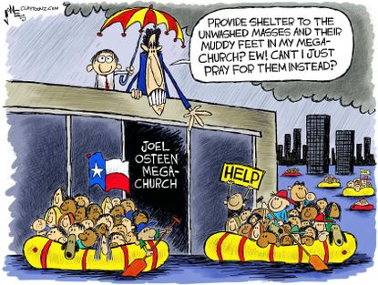 Political cartoon U.S. Joel Osteen Harvey rescue