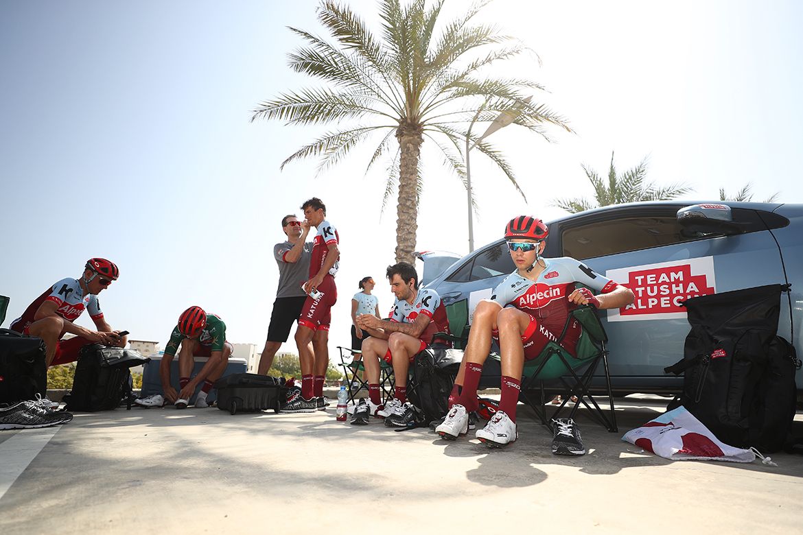 Katusha-Alpecin prepare for stage 4 of the Tour of Oman.