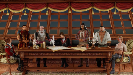 A group of pirate sit around a table in a screenshot from Caribbean Legend's trailer