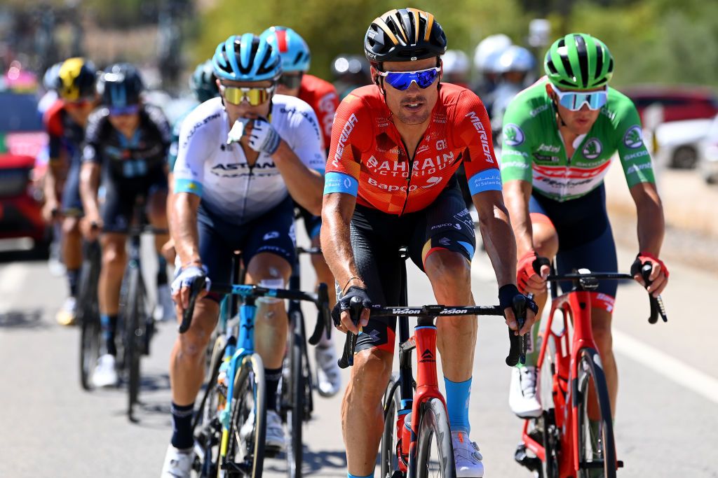 SIERRA DE LA PANDERA SPAIN SEPTEMBER 03 Luis Leon Sanchez Gil of Spain and Team Bahrain Victorious competes in the breakaway during the 77th Tour of Spain 2022 Stage 14 a 1603km stage from Montoro to Sierra de La Pandera 1815m LaVuelta22 WorldTour on September 03 2022 in Sierra de La Pandera Spain Photo by Tim de WaeleGetty Images