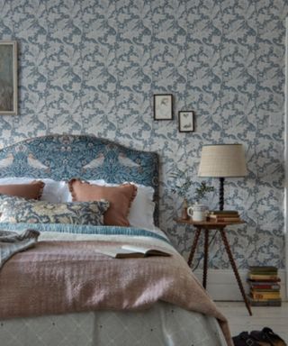 Morris & Co blue patterned bedroom