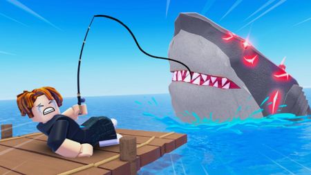 Roblox Fish It splash art featuring the player reeling in a big megladon 