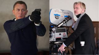 Daniel Craig prepares to shoot in No Time To Die and Christopher Nolan stands behind a camera on the set of Oppenheimer, picture side by side.