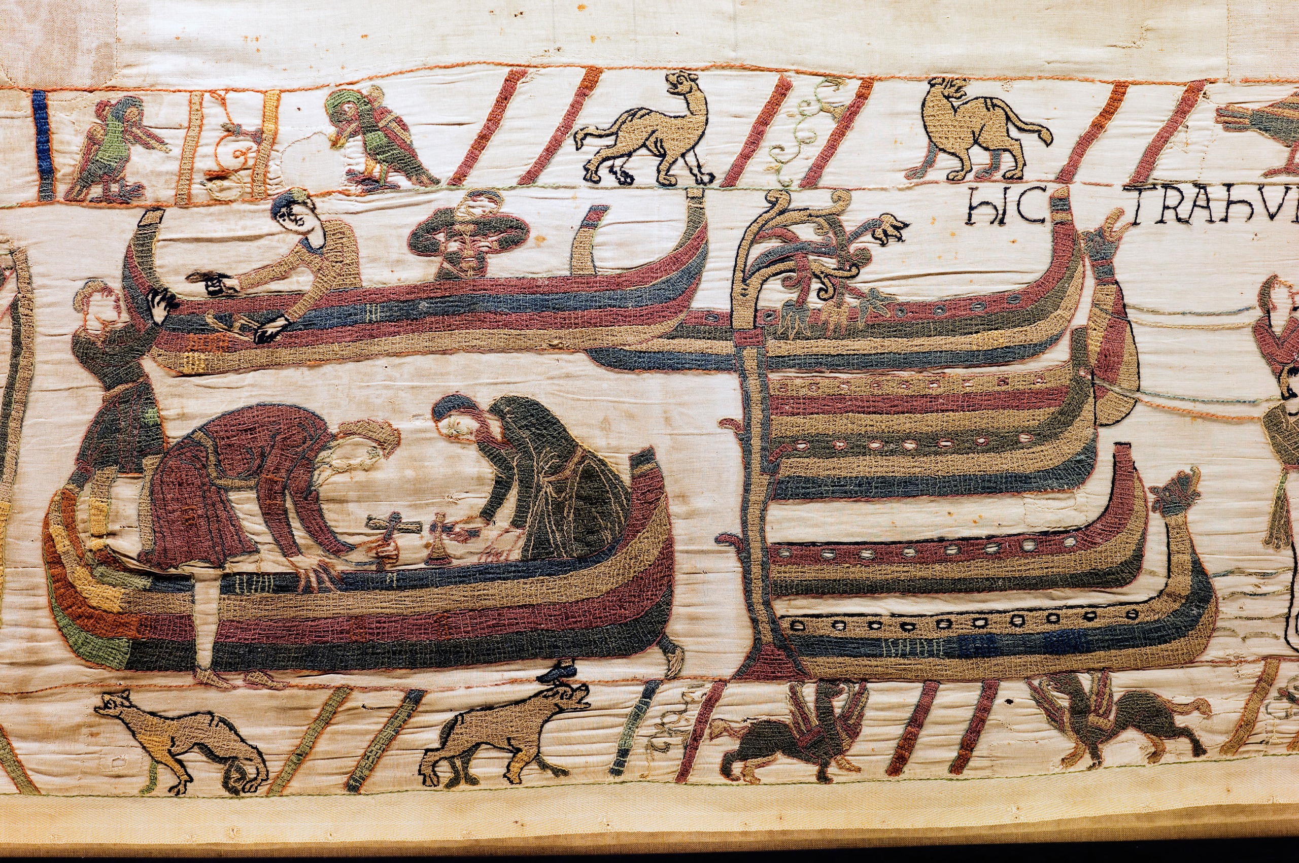 A scene from the tapestry, showing more boats and animals