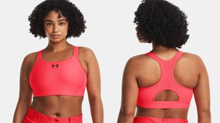 Under Armour HeatGear High Sports Bra worn by model, front and back view