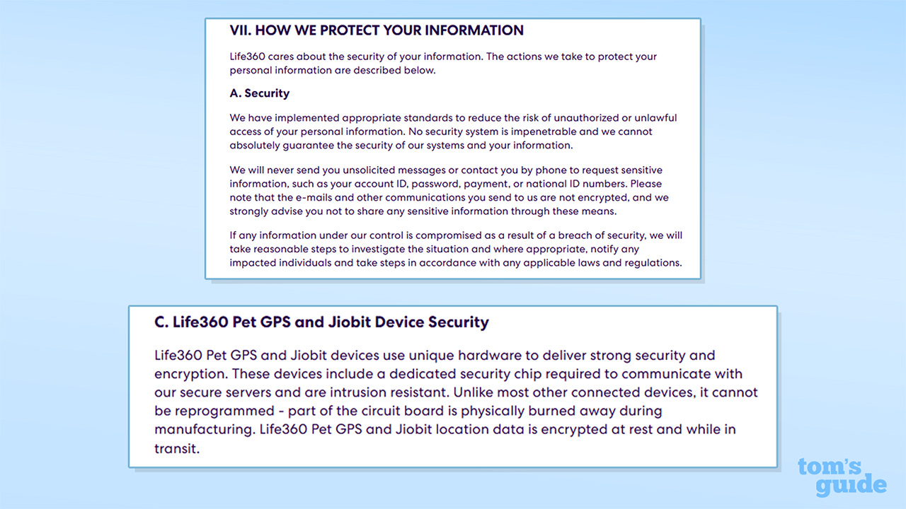 Screenshots of the data security section of Life360's privacy policy