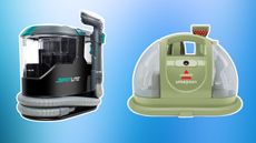 Two carpet cleaning machines on blue background