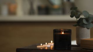 picture of candles and a vase of eucalyptus