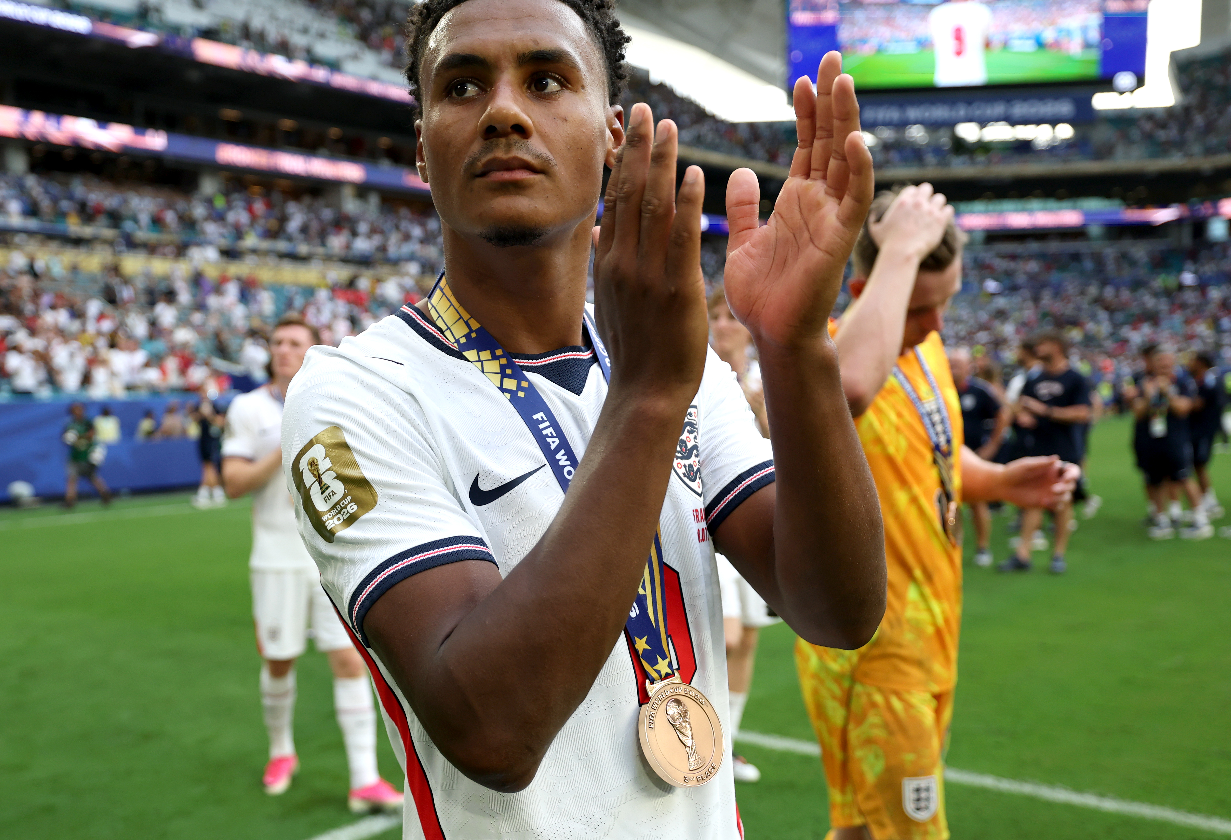 MIAMI GARDENS, FLORIDA - JULY 18: Ollie Watkins #19 of England applauds the fans after the team&amp;amp;apos;s victory in the FIFA World Cup 2026 Bronze Final between France and England at Miami Stadium on July 18, 2026 in Miami Gardens, Florida. (Photo by Eddie Keogh - The FA/The FA via Getty Images)