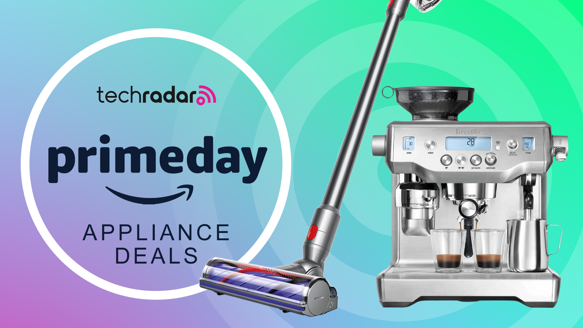 Vacuum cleaner and coffee maker on green and purple gradient background