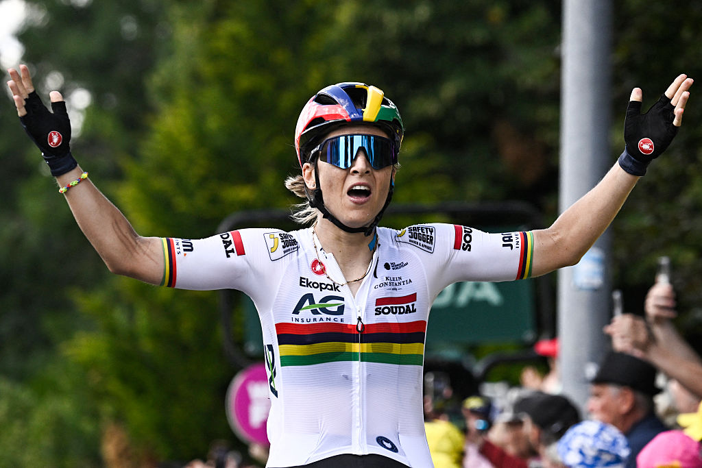 AG Insurance - Soudal Team&#039;s Mauritius rider Kimberley Le Court Pienaar cycles to the finish line to win the 5th stage (out of 9) of the fourth edition of the Women&#039;s Tour de France cycling race, 165.8 km from Chasseneuil-du-Poitou to Gueret, in Gueret, central France on July 30, 2025. (Photo by JULIEN DE ROSA / AFP) (Photo by JULIEN DE ROSA/AFP via Getty Images)