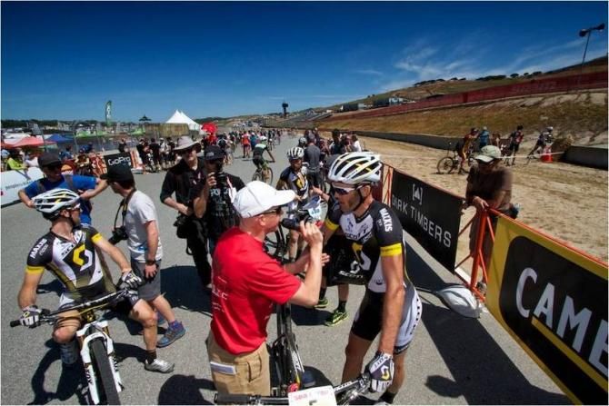 2013 Sea Otter Short Track Mens winner Geoff Kabush (Scott/3-Rox) talking to the press