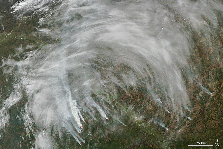 In this photo, taken on Sept. 11 by NASA's Aqua satellite, thick smoke billows from numerous wildfires near the Ob River in south-central Siberia.