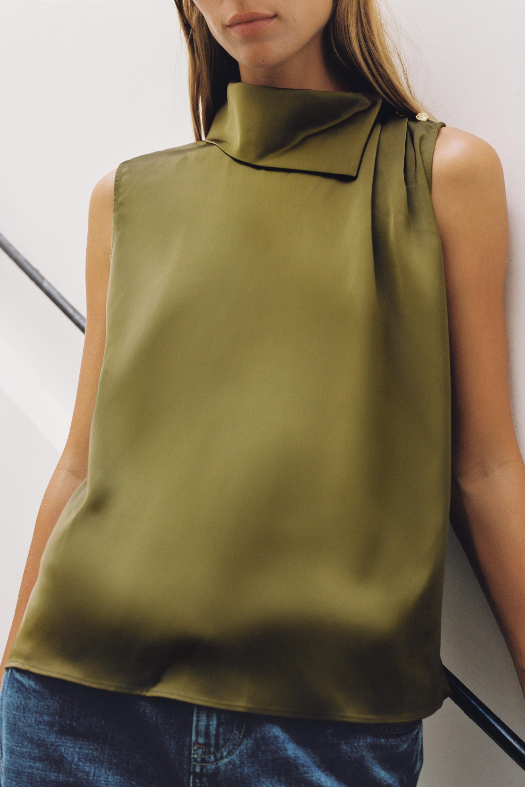 Satin Shoulder-Button Top - Dark Olive - Xs
